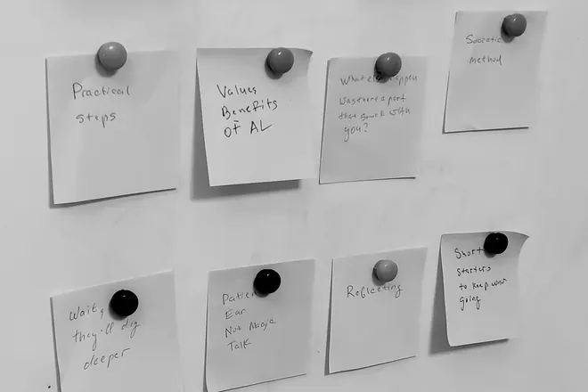 Our planning board: sticky notes with the ideas behind each chapter