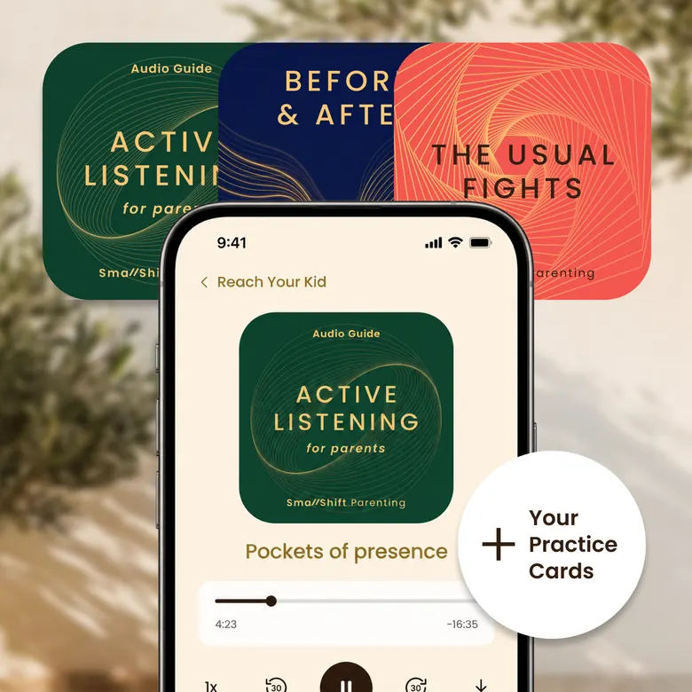 Reach Your Kid on a phone, with the covers of the Active Listening Audio Guide, Before & After and The Usual Fights, and Your Practice Cards