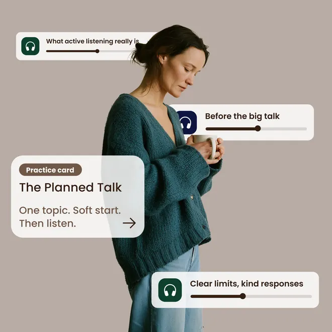 What active listening really is. Before the big talk. Practice card: The Planned Talk. One topic. Soft start. Then listen. Clear limits, kind responses.